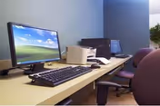 A workspace with two computer monitors, keyboards, and mice on a long desk against a blue wall. There are two office chairs and a small potted plant in the background.