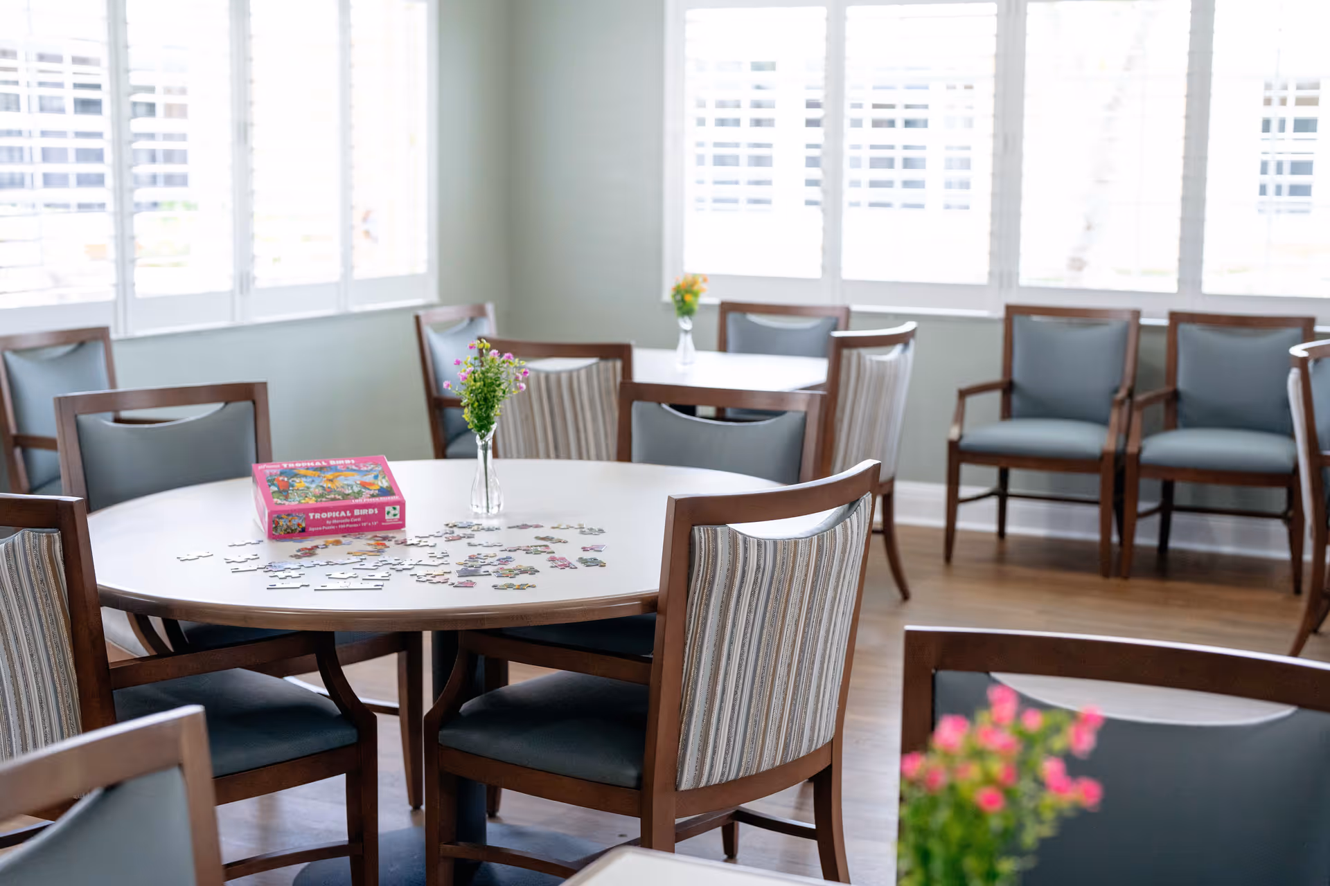 A bright room with several round tables surrounded by wooden chairs with cushioned seats and backs. One table has a partially completed jigsaw puzzle and a puzzle box labeled 'Tropical Birds.' Small vases with flowers are placed on the tables. Large windows with white blinds allow natural light to fill the room.
