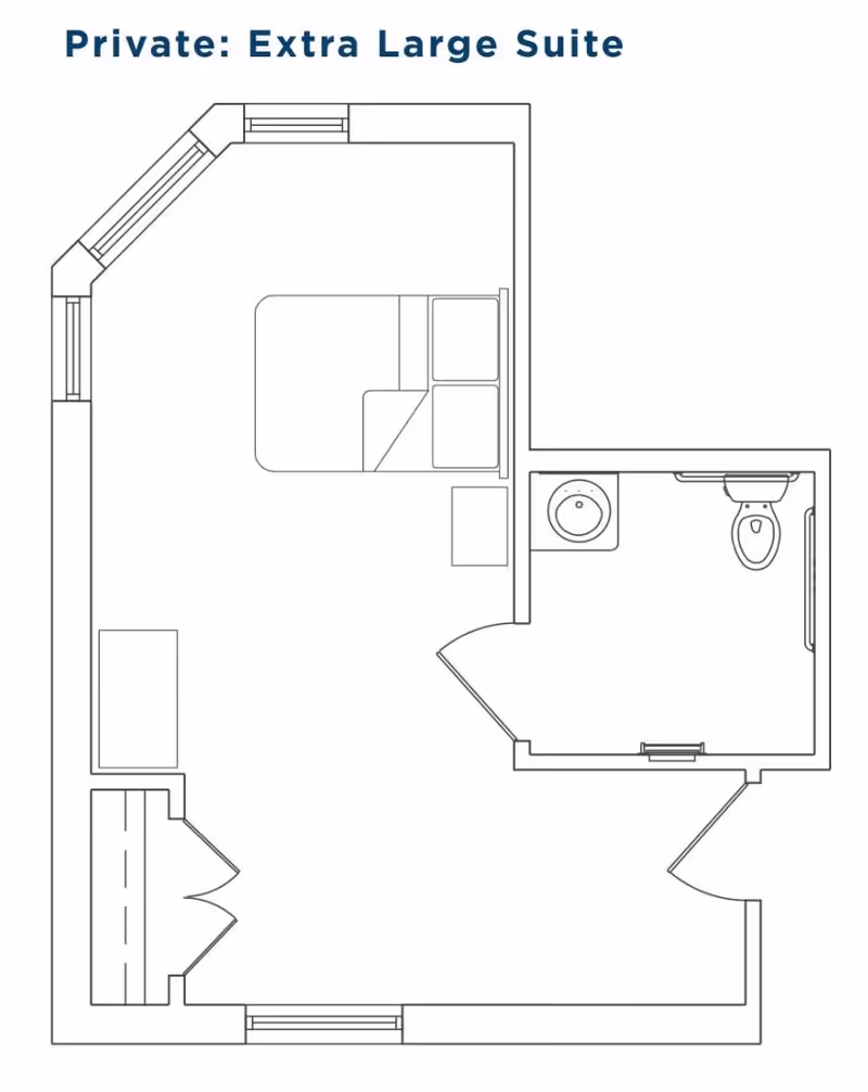 Floor plan layout of a private extra large suite showing a bedroom area with a bed and side table, a closet, and an attached bathroom with a sink and toilet.