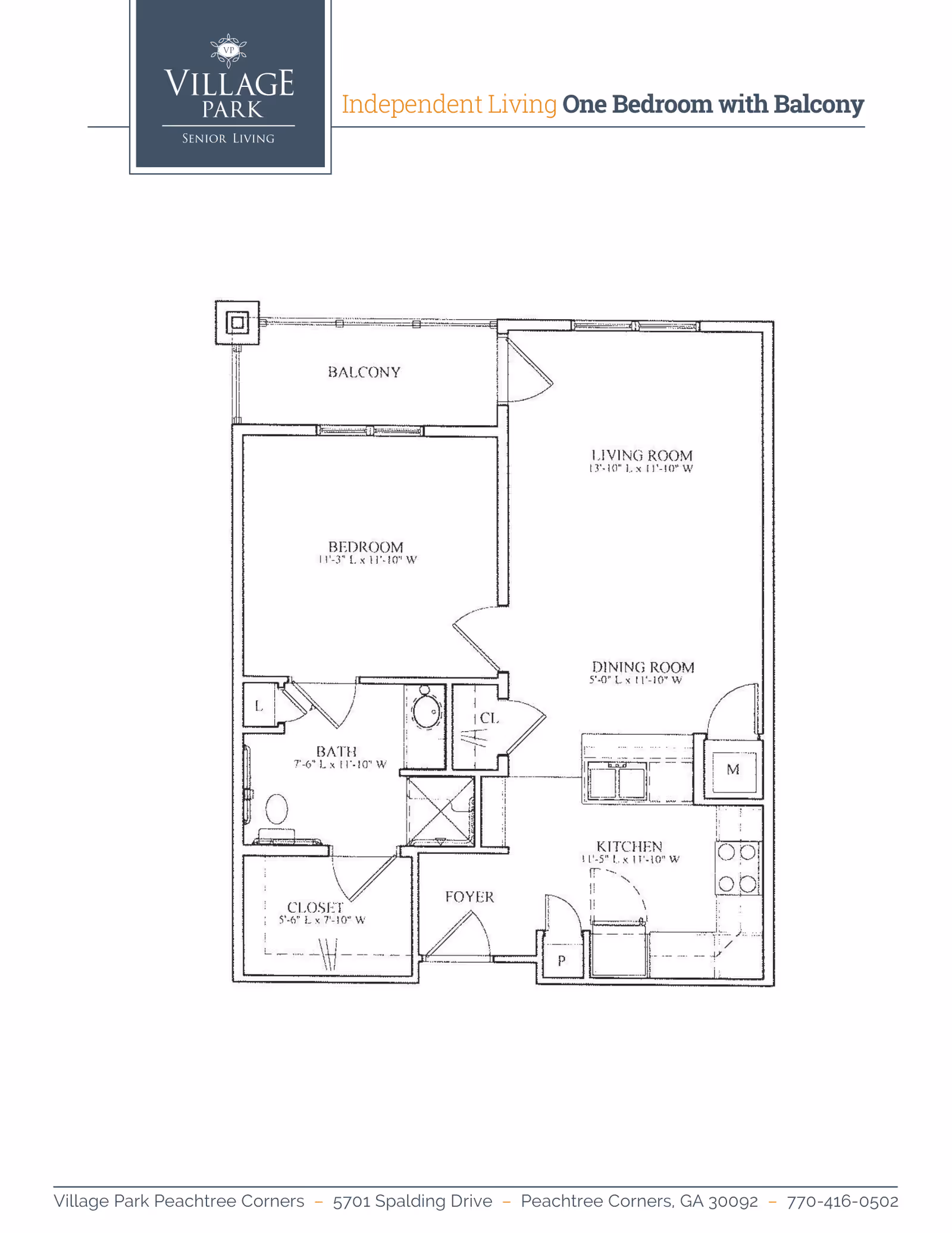 Black-and-white floor plan titled 'Independent Living One Bedroom with Balcony' for Village Park Peachtree Corners showing a bedroom, living room, dining area, kitchen, bathroom, closet, foyer, and balcony.