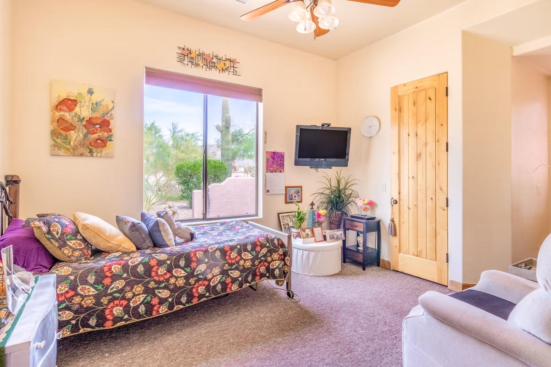 Bright bedroom with floral bedspread, window view, potted plants, and mounted TV.