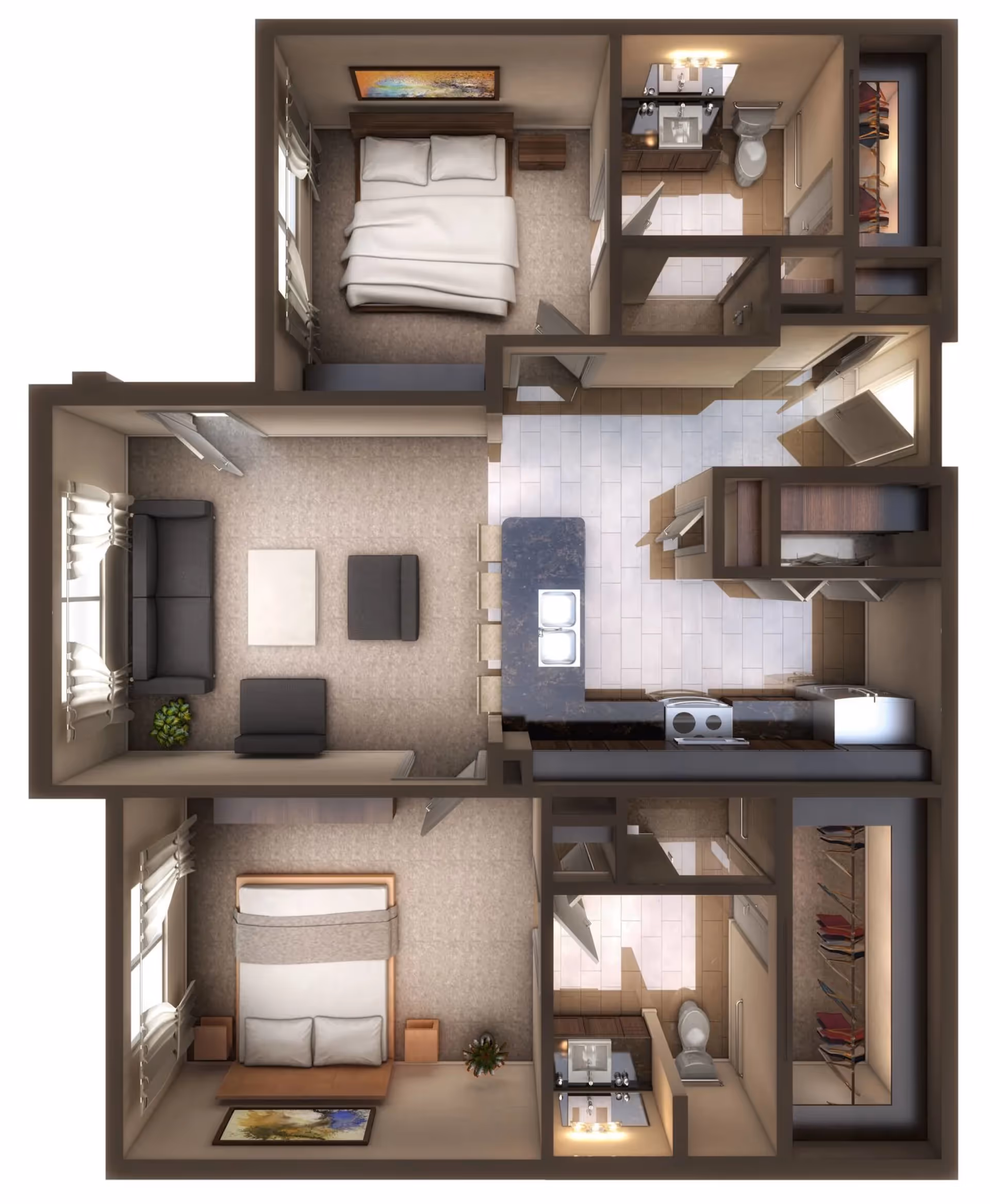 Top-down view of a two-bedroom apartment floor plan featuring a living room with sofa and chairs, a kitchen with an island and stools, two bedrooms each with a bed and nightstands, two bathrooms with sinks and toilets, and closets adjacent to the bedrooms.