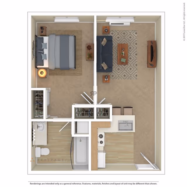 Top-down floor plan of a one-bedroom apartment showing a bedroom with a bed and nightstand, a living room with a sofa, coffee table, and TV, a kitchen with appliances and a sink, and a bathroom with a toilet, sink, and bathtub.