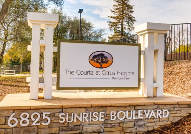 Exterior entrance sign for The Courte at Citrus Heights along Sunrise Boulevard.