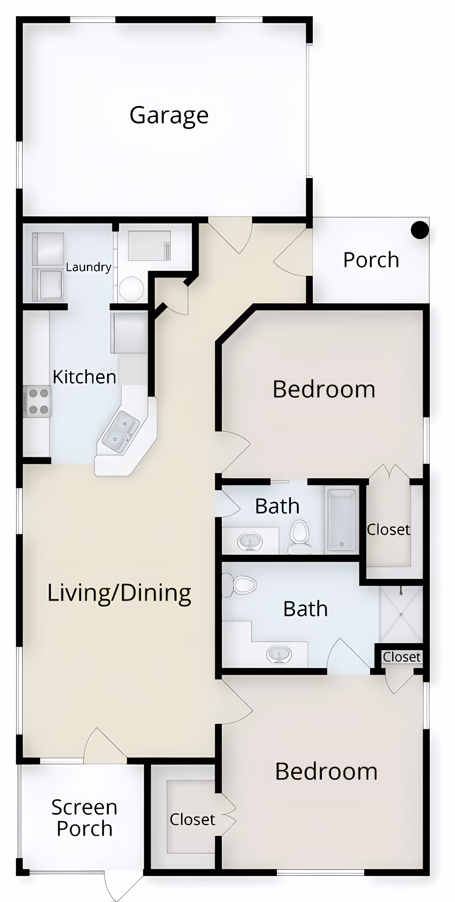 Floor plan of a residential unit showing a garage, kitchen with laundry area, living/dining room, two bedrooms each with closets, two bathrooms, a porch, and a screen porch.