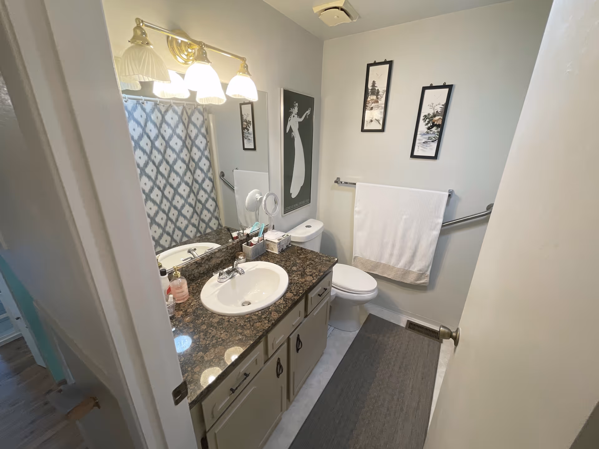 A small bathroom with a granite countertop sink, a toilet, and a shower with a patterned curtain. There are three framed pictures on the wall above the toilet, a towel hanging on a rack, and a gray floor mat. The bathroom is well-lit with three light fixtures above the mirror.