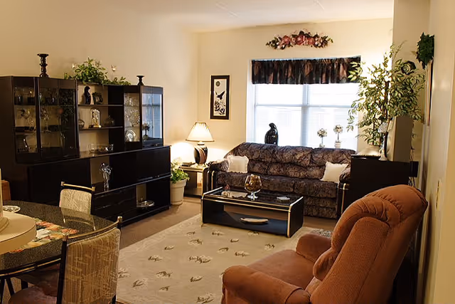 Cozy living room featuring a patterned sofa, upholstered armchair, coffee table, display cabinets, dining table, and plants by a window.