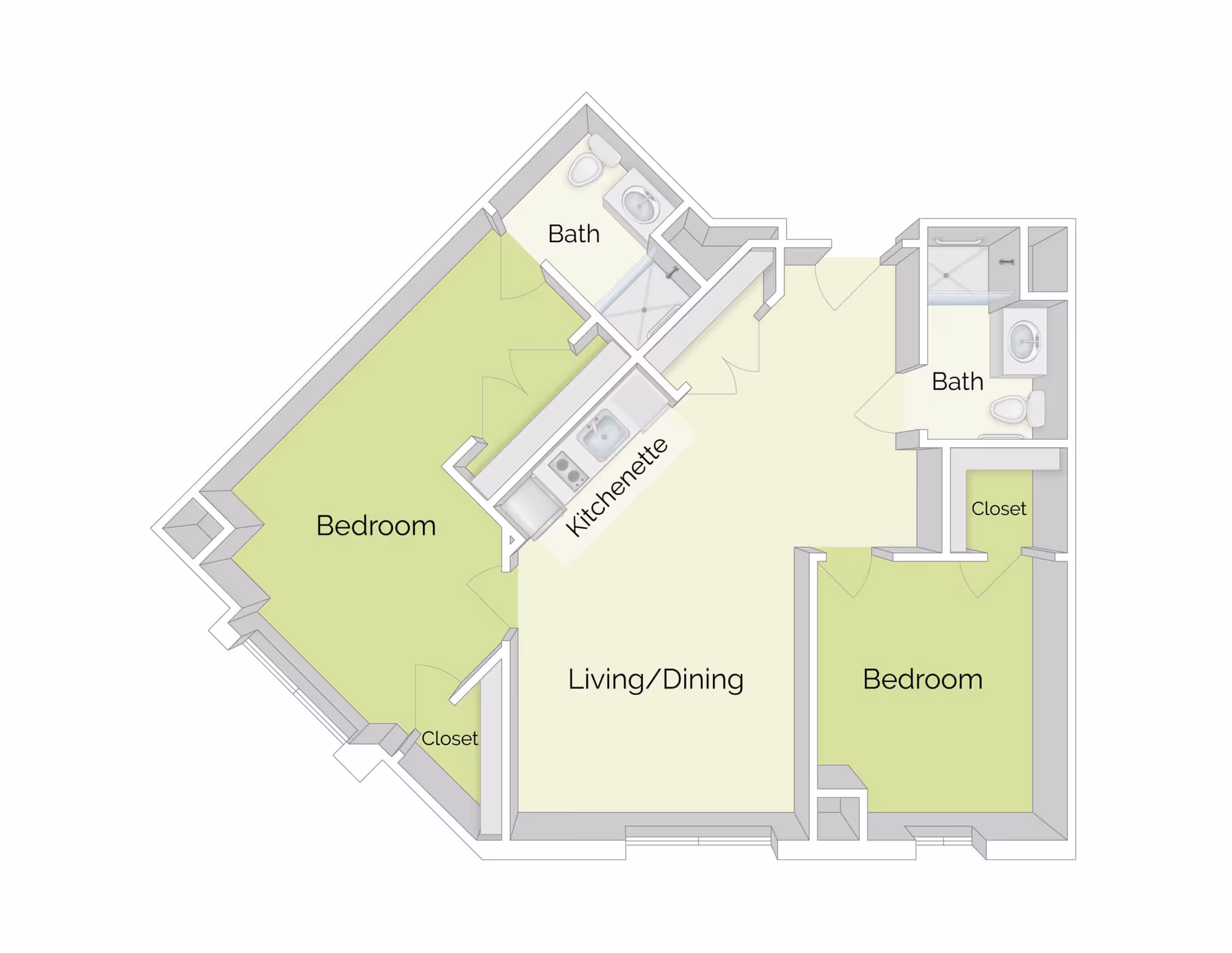 Floor plan of a residential unit at The Residence at Silver Square showing two bedrooms, two bathrooms, a kitchenette, a living/dining area, and closets.