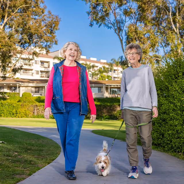 Two elderly women walking a small dog on a leash along a paved path in a green outdoor area with trees and a large building in the background under a clear blue sky.