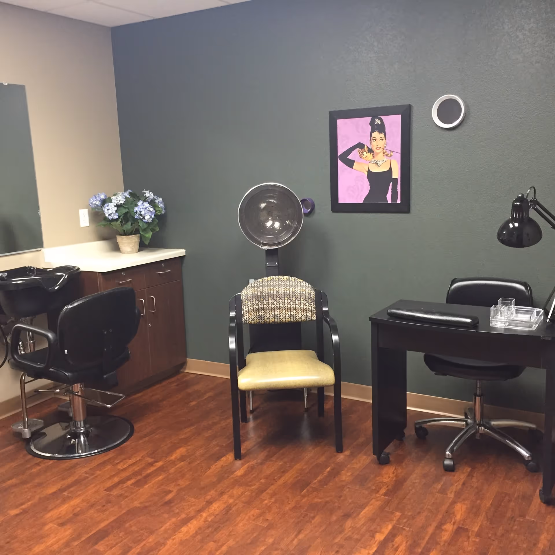 Interior of a salon room with a hair washing station, a salon chair, a hair dryer chair, a desk with a black lamp, and a framed artwork of a woman on the wall. There is a potted plant with purple flowers on the counter and wood flooring.
