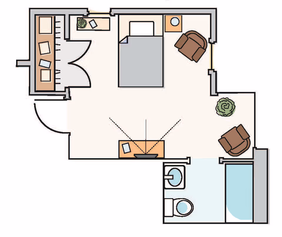 Illustrated floor plan of a studio unit showing a bed, seating area, closet, TV console and a bathroom with a tub.