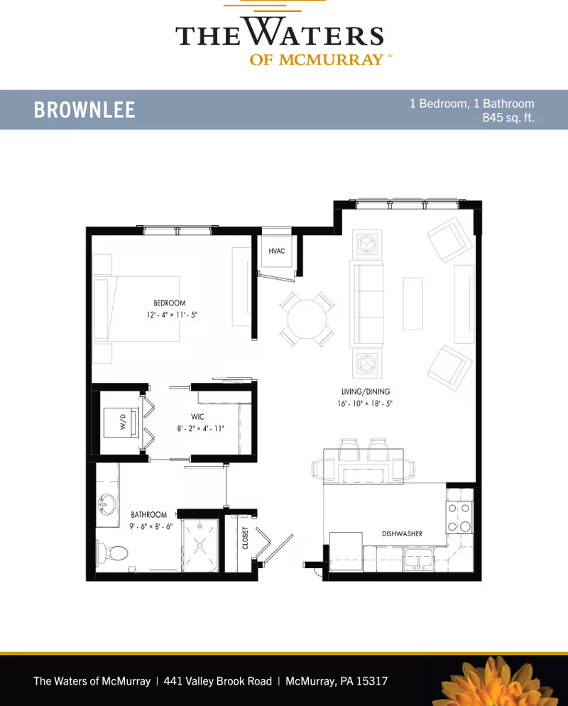 Black-background floor plan titled 'Brownlee' showing a one-bedroom, one-bathroom 845 sq. ft. apartment layout with labeled living/dining, bedroom, bathroom, and closet.