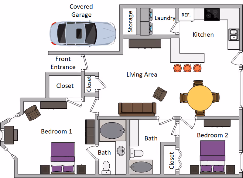 Floor plan of a residential unit at The Retreat at Loganville showing a covered garage, front entrance, two bedrooms each with closets, two bathrooms, a living area with sofa and chairs, a kitchen with appliances and a dining table with chairs, a laundry area, and storage space.
