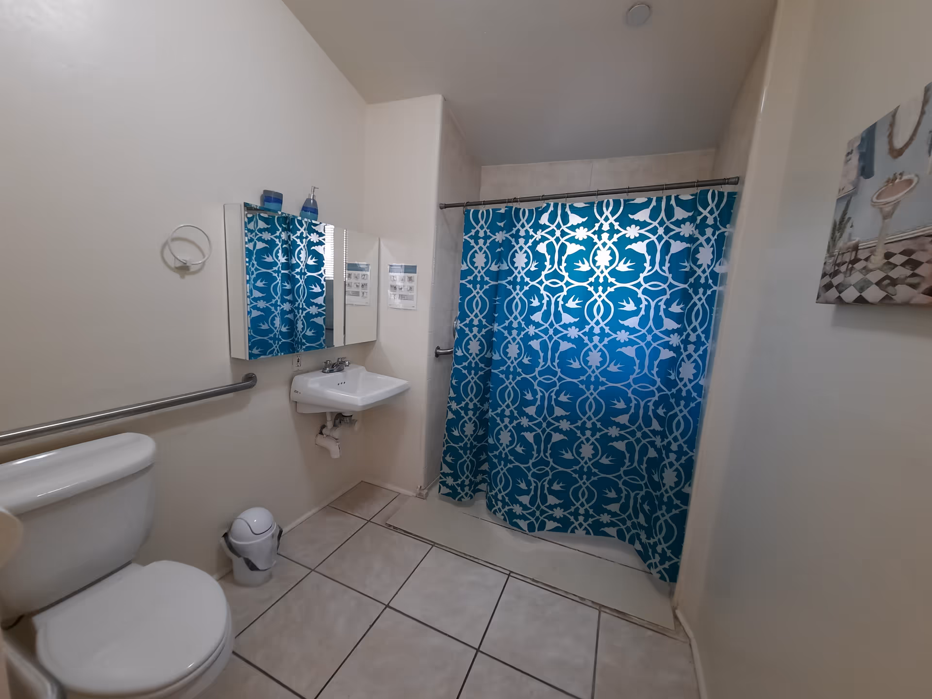 A clean bathroom with a white toilet, a small white wall-mounted sink, a blue and white patterned shower curtain, a mirror cabinet above the sink, a towel ring, a grab bar on the wall, and a small trash can on the tiled floor.