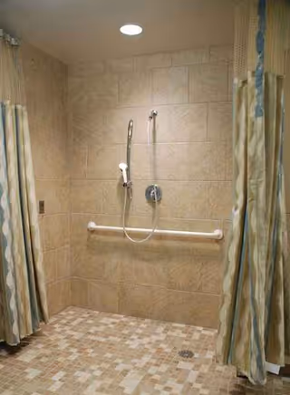 Accessible tiled shower area with handheld spray, wall grab bar, and curtains.