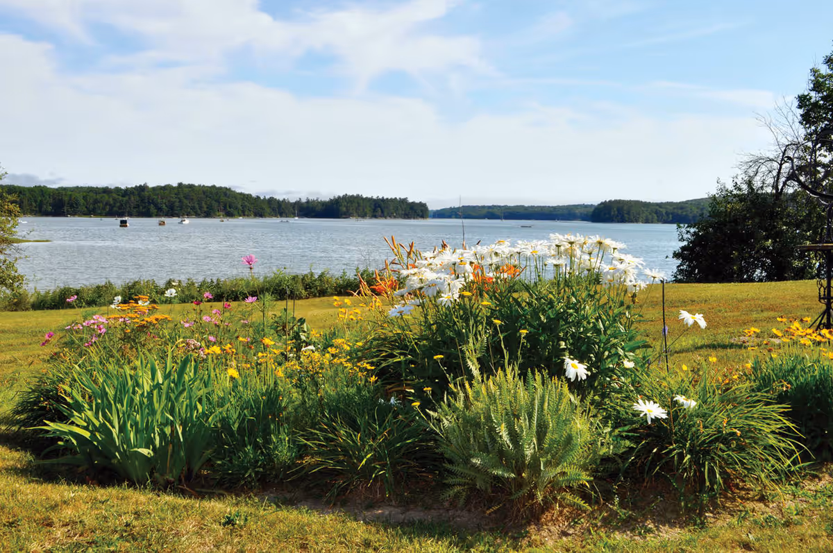 A colorful flower garden with various blooming flowers including white daisies and orange lilies, set on a grassy lawn overlooking a large body of water with several boats and a tree-lined shore in the distance under a partly cloudy sky.
