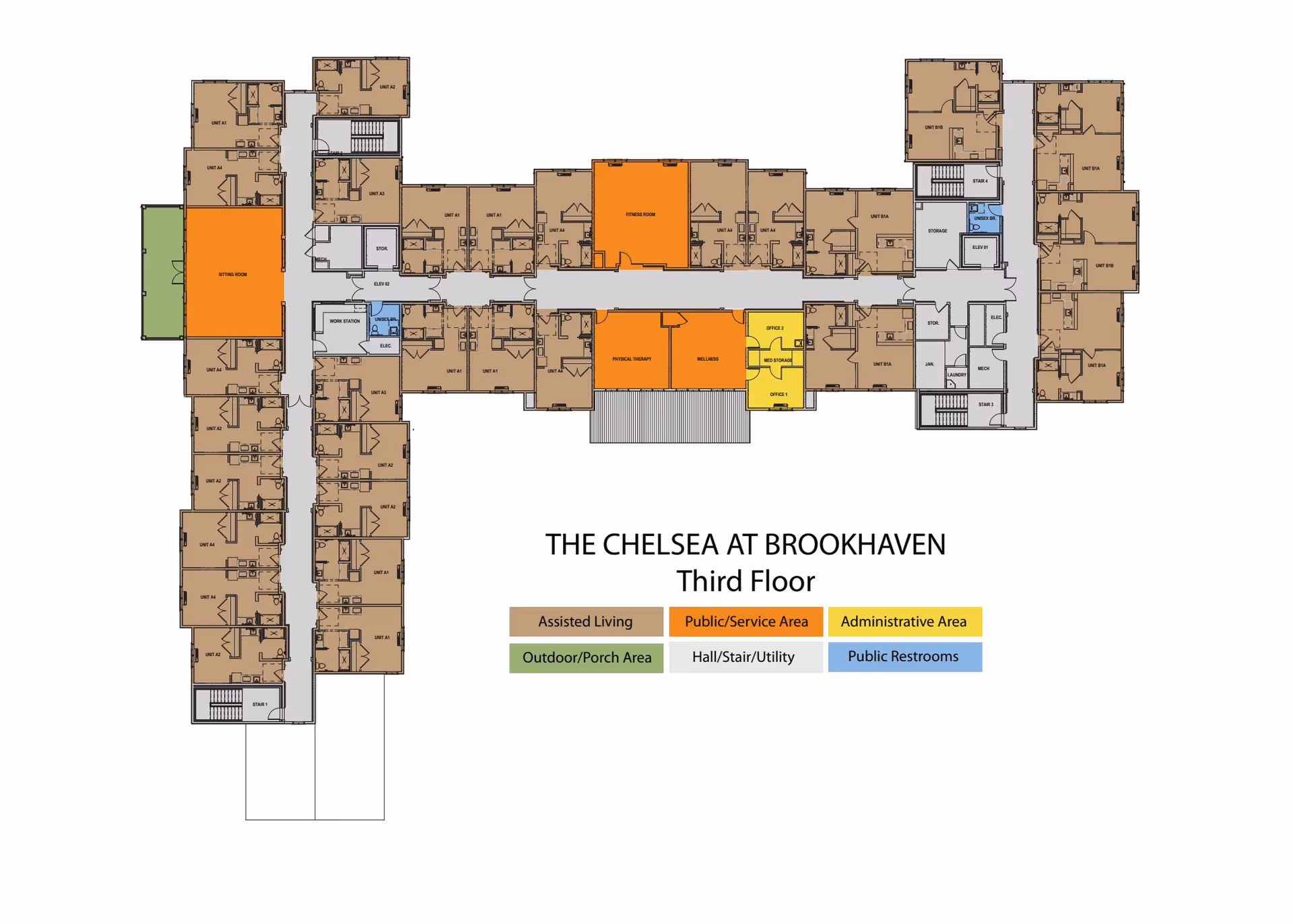 Floor plan of the third floor at The Chelsea at Brookhaven showing various areas including assisted living units, public/service areas, administrative areas, outdoor/porch area, hall/stair/utility spaces, and public restrooms, with a color-coded legend.