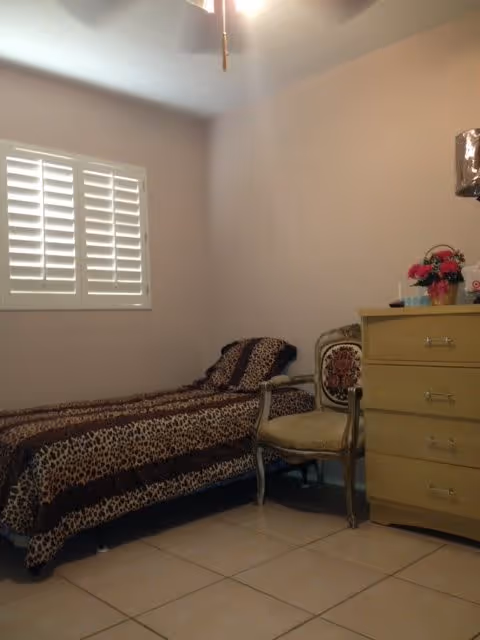 A small bedroom with a single bed covered in leopard print bedding, a vintage-style chair with a patterned cushion, a wooden dresser with drawers, and a window with white plantation shutters.