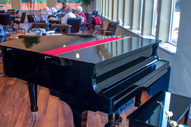 A shiny black grand piano with a red cloth on top is placed on a wooden floor in a well-lit room. In the background, several elderly people are seated around tables, engaged in conversation or activities near large windows letting in natural light.