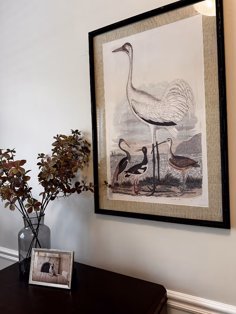 A framed artwork of four birds hanging on a light-colored wall above a dark wooden surface. On the surface, there is a clear glass vase with branches of leaves and a small framed photo of a dog sitting on a couch in front of a fireplace.