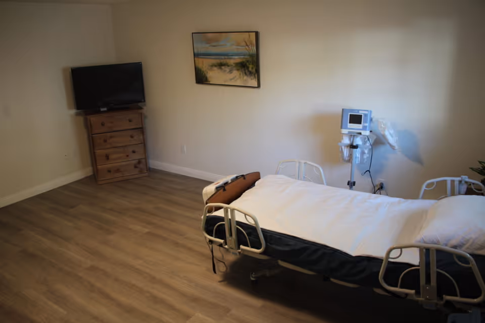 A patient room with a hospital bed, medical monitor, TV on a wooden dresser, and a painting on the wall.
