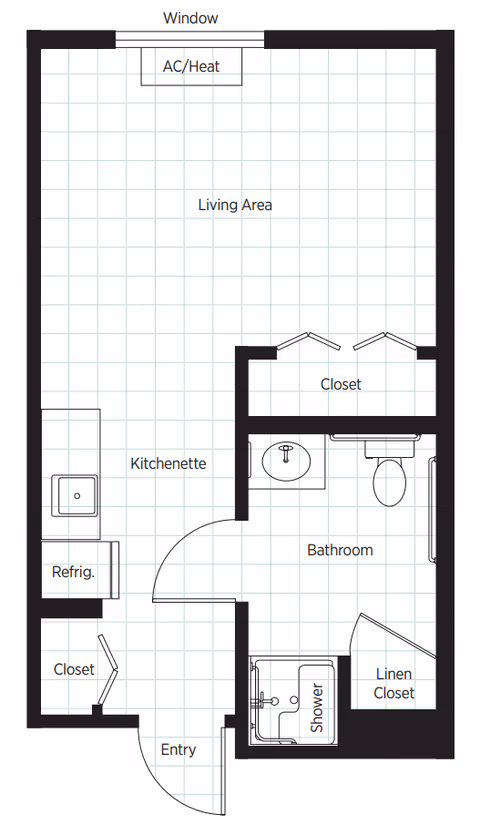Floor plan of a senior living unit at Belmont Village Senior Living Scottsdale showing an entry leading to a kitchenette with refrigerator and closet, a living area with window and AC/Heat unit, a bathroom with shower, toilet, sink, and linen closet, and an additional closet near the bathroom.