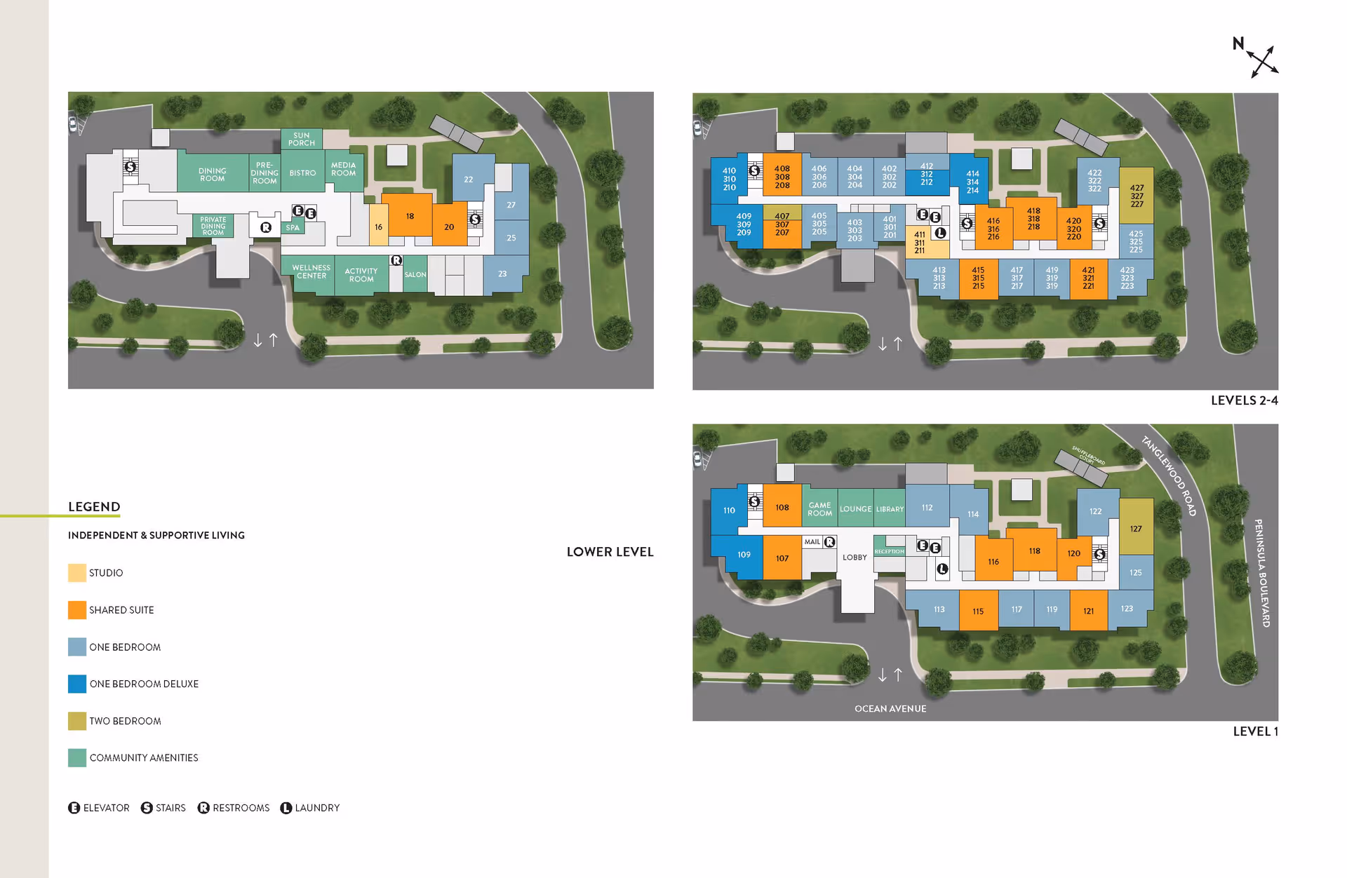 Floor plans of Atria Tanglewood senior living facility showing three levels with labeled rooms including studios, shared suites, one-bedroom, one-bedroom deluxe, two-bedroom units, and community amenities such as dining room, spa, wellness center, activity room, game room, lounge, and library. The plans also indicate locations of elevators, stairs, restrooms, and laundry areas with surrounding roads labeled Ocean Avenue, Tanglewood Road, and Peninsula Boulevard.
