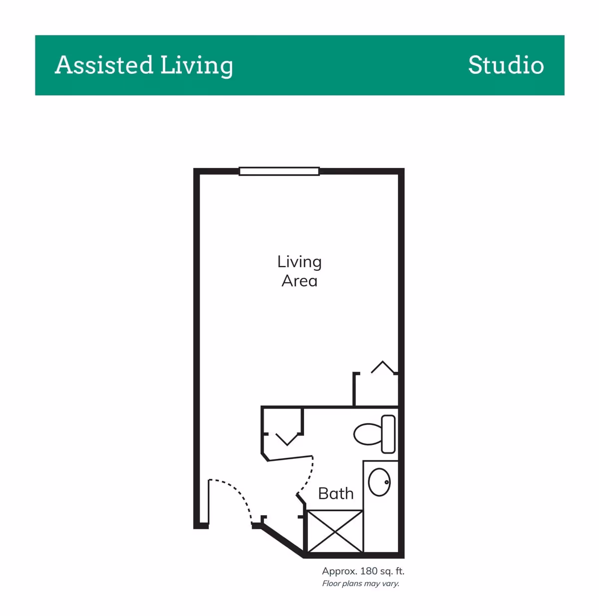 Floor plan of a studio assisted living unit at Aldea Green, showing a living area and a bathroom with a shower, toilet, and sink. The total area is approximately 180 square feet.