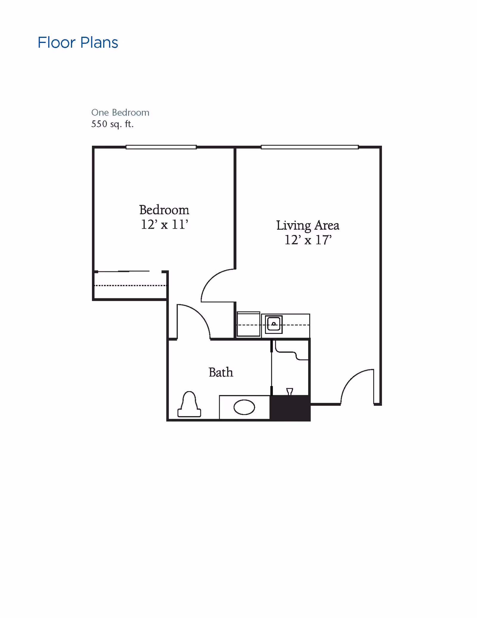 Floor plan of a one-bedroom apartment at Brookdale Sikes Lake showing a bedroom measuring 12 by 11 feet, a living area measuring 12 by 17 feet, and a bathroom. The total area is 550 square feet.
