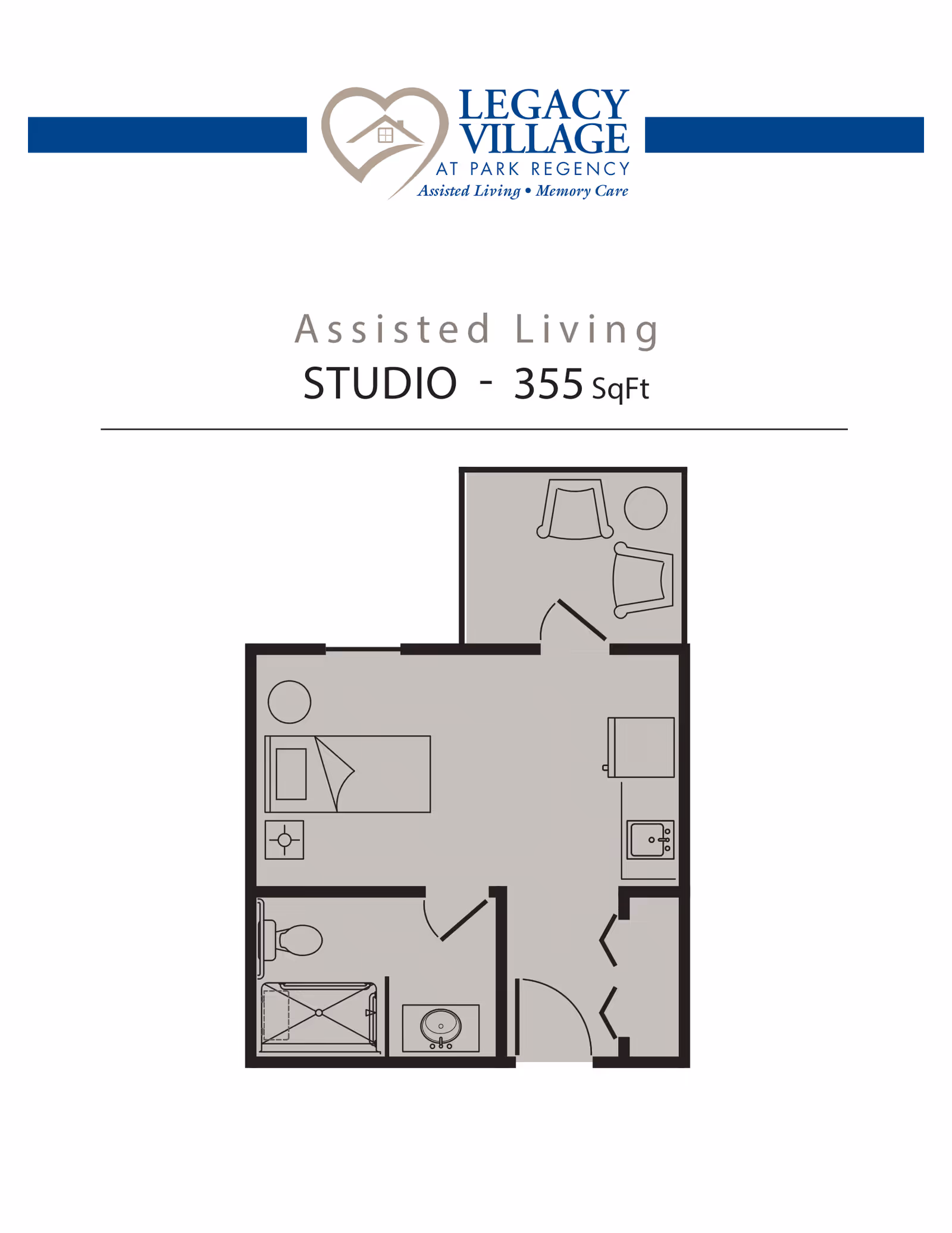 Floor plan of a 355 square foot assisted living studio apartment at Legacy Village at Park Regency, showing a combined living and sleeping area with a bed, side table, kitchenette with sink, a bathroom with toilet, sink, and shower, and a small sitting area with two chairs and a table.