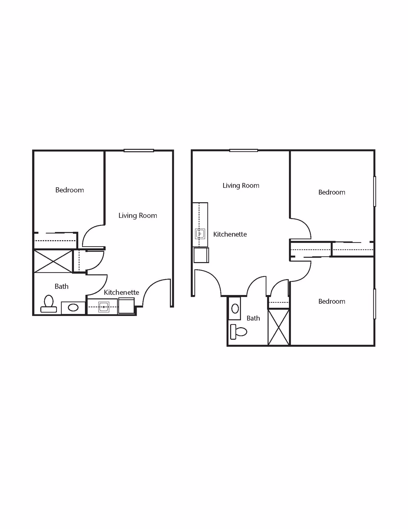 Architectural floor plan showing two apartment layouts. The left layout includes a bedroom, living room, kitchenette, and bathroom. The right layout includes two bedrooms, a living room, kitchenette, and bathroom.