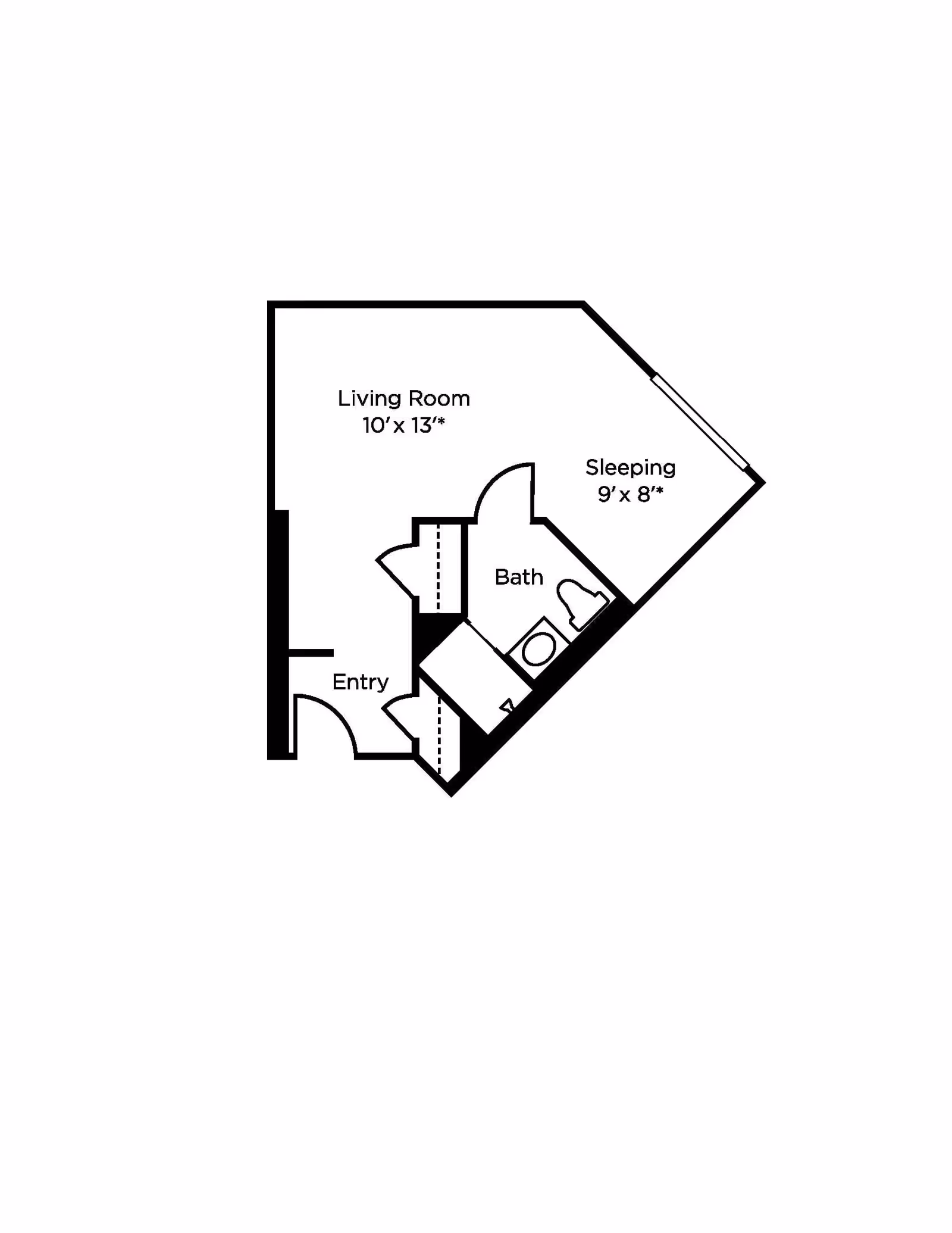 Floor plan layout showing an entry area leading to a living room measuring 10 feet by 13 feet, a sleeping area measuring 9 feet by 8 feet, and a bathroom with a toilet and sink.
