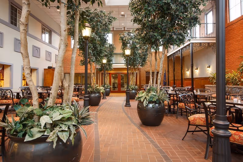 Indoor seating area with multiple tables and chairs arranged along a brick walkway lined with large potted plants and tall indoor trees. The space has high ceilings with large windows allowing natural light, and decorative streetlamp-style lighting fixtures.