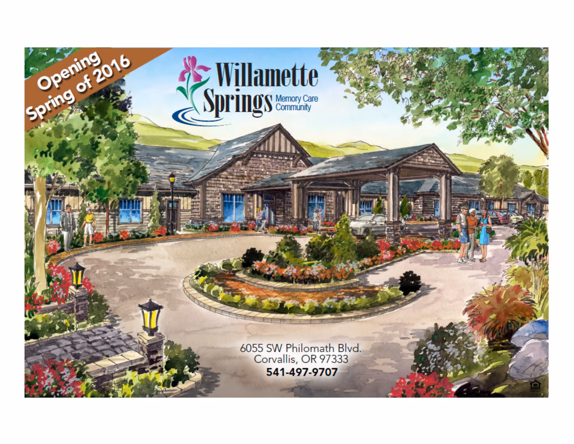 Illustration of the exterior of Willamette Springs Memory Care Community showing a large building with a covered entrance, surrounded by landscaped gardens and trees. Several people are walking and standing near the entrance. A banner in the top left corner reads 'Opening Spring of 2016'. The address 6055 SW Philomath Blvd., Corvallis, OR 97333 and phone number 541-497-9707 are displayed at the bottom.