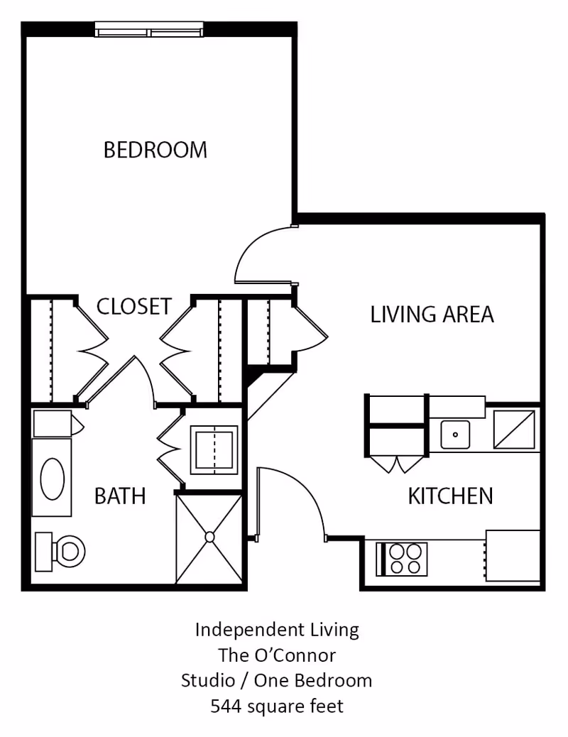 Floor plan layout of an independent living studio/one bedroom apartment named The O'Connor, showing a bedroom, closet, bathroom, living area, and kitchen, totaling 544 square feet.