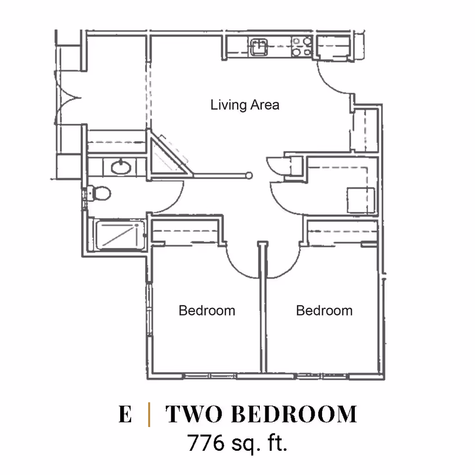 Architectural floor plan of a two-bedroom apartment with a living area, kitchen, bathroom, and two bedrooms, totaling 776 square feet.
