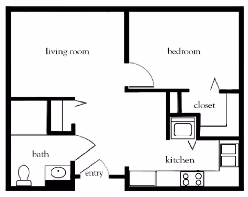 Black and white architectural floor plan of a small apartment unit showing labeled rooms including living room, bedroom, closet, kitchen, bath, and entry.