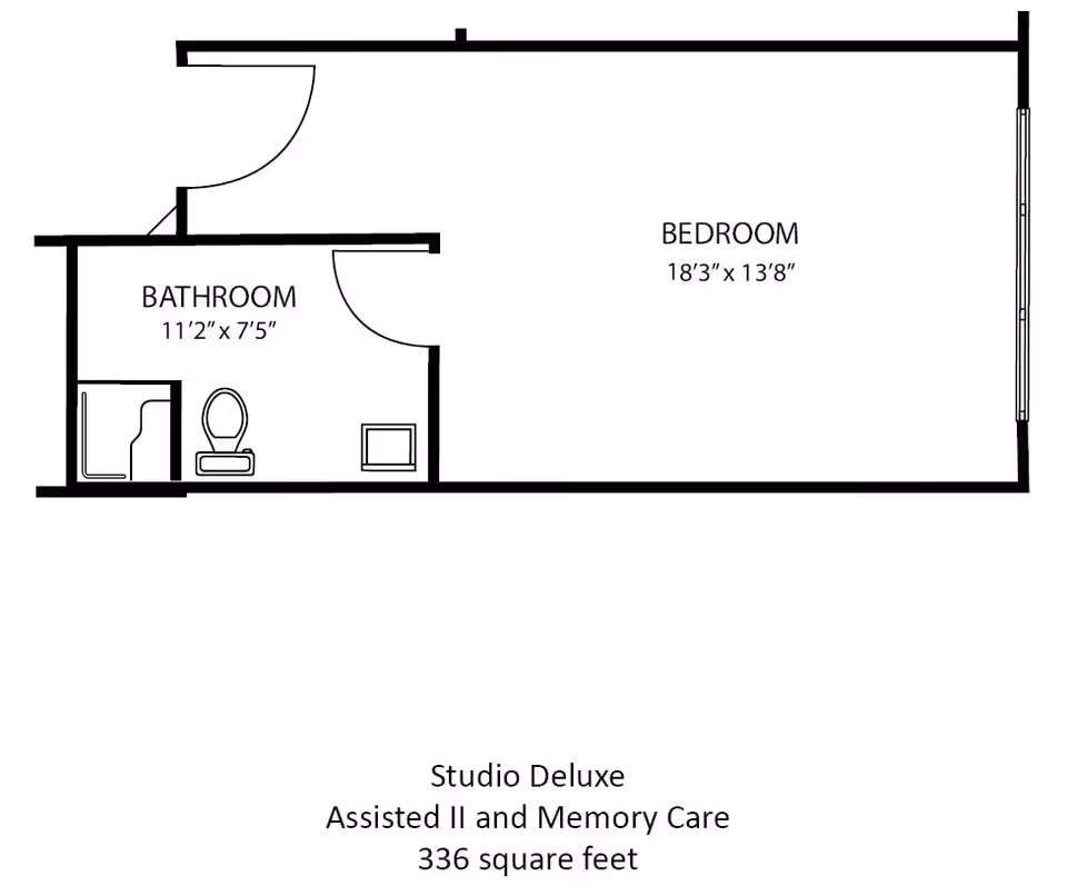Floor plan of a Studio Deluxe unit at Aspen Grove showing a bedroom measuring 18 feet 3 inches by 13 feet 8 inches and a bathroom measuring 11 feet 2 inches by 7 feet 5 inches. The layout includes a bathroom with a toilet and shower, and a bedroom area. The unit is 336 square feet and is designed for Assisted II and Memory Care.