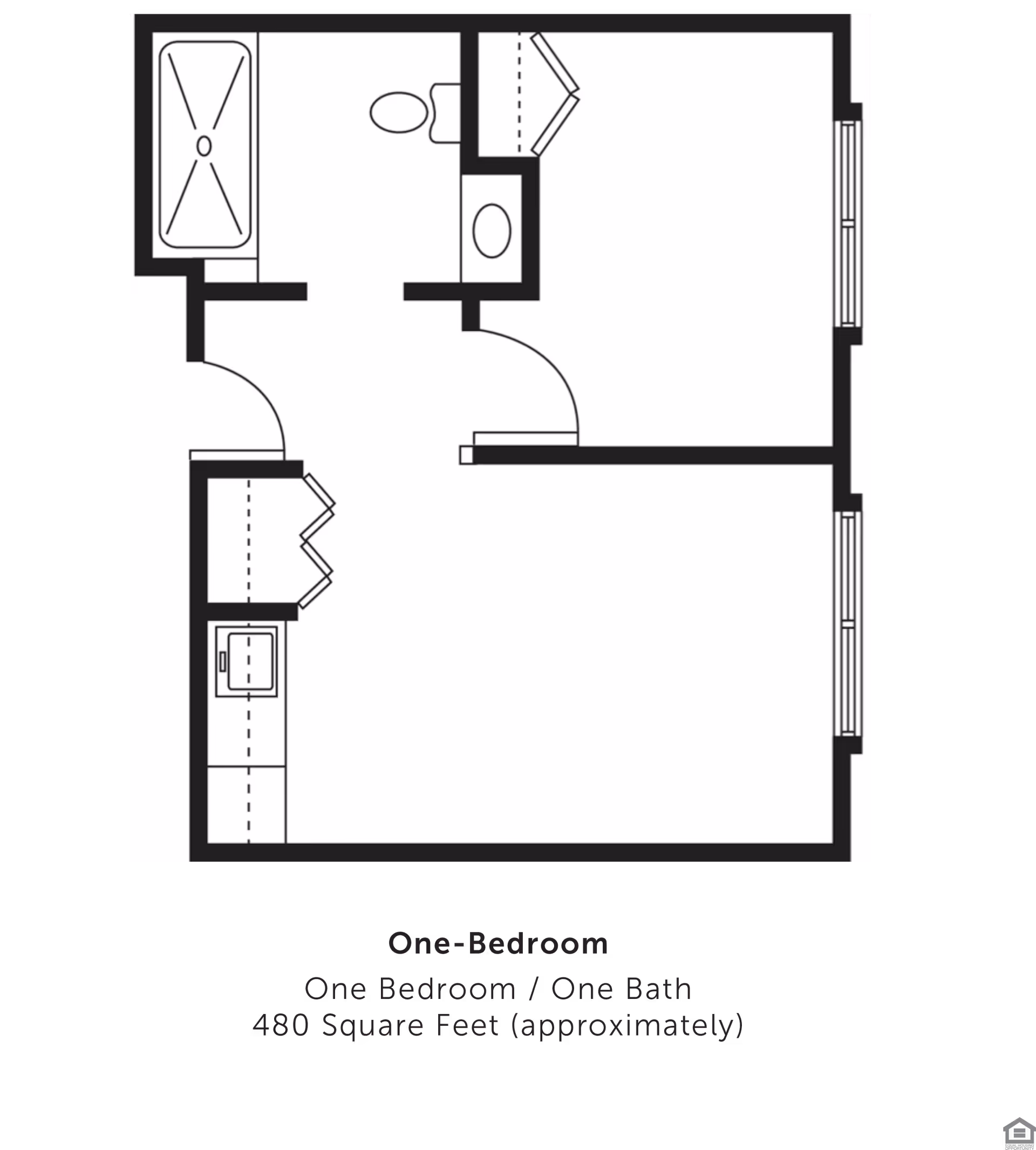 Black-and-white floor plan of a one-bedroom, one-bath apartment showing the kitchen, bathroom, and main living/bedroom areas.