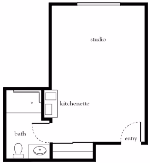 Floor plan layout of a studio apartment at Atria Rocklin, showing an entry door leading into a studio area with a kitchenette and a separate bathroom containing a toilet, sink, and shower.