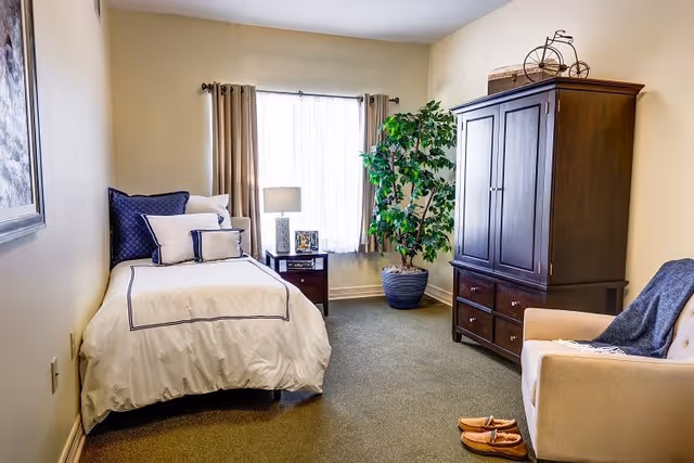 Sunlit furnished bedroom with a single bed, nightstand and lamp, a large armoire, armchair and potted plant by a window.