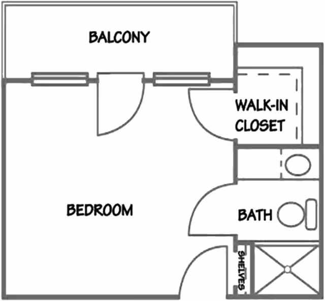 Floor plan showing a bedroom with a balcony, a walk-in closet, a bathroom with a toilet and shower, and shelves near the entrance.