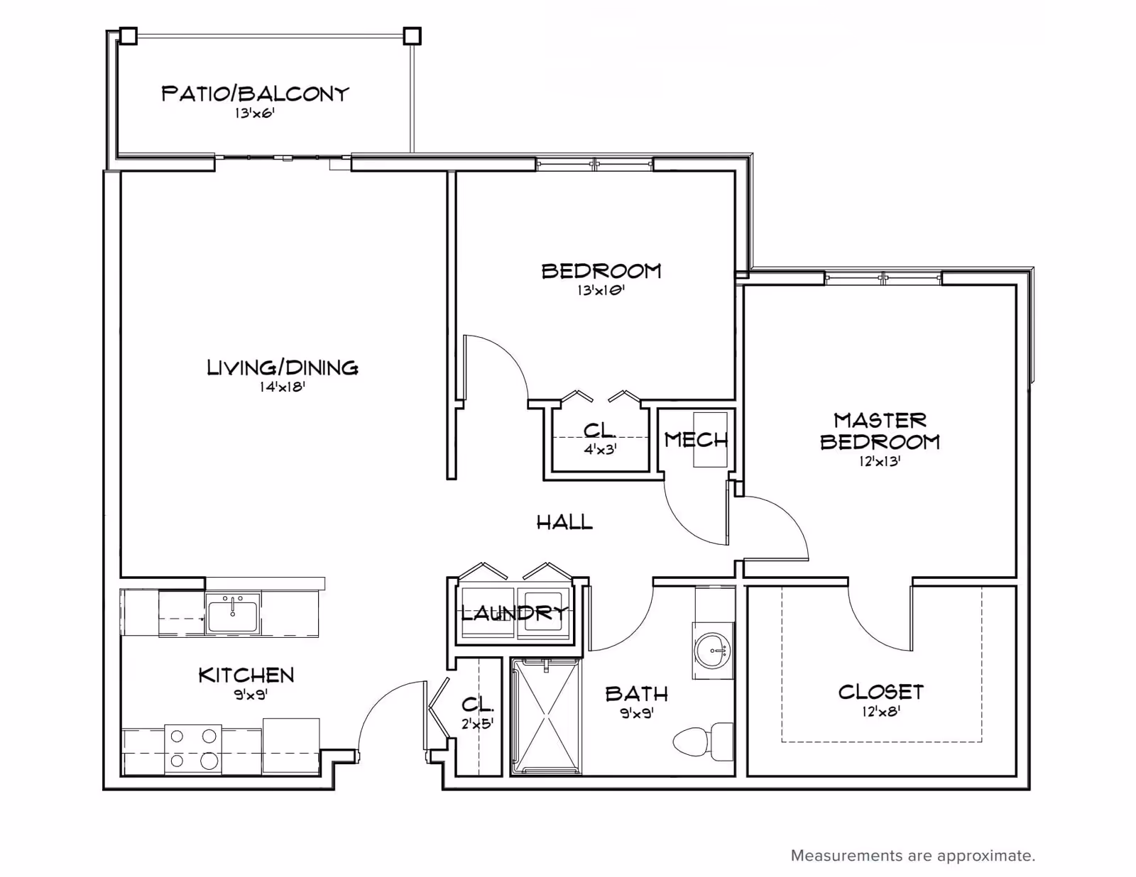 Architectural floor plan of an apartment at Summit at Eastwyck showing a patio/balcony, living/dining area, kitchen, two bedrooms including a master bedroom with a large closet, a bathroom, laundry area, closets, and mechanical room.