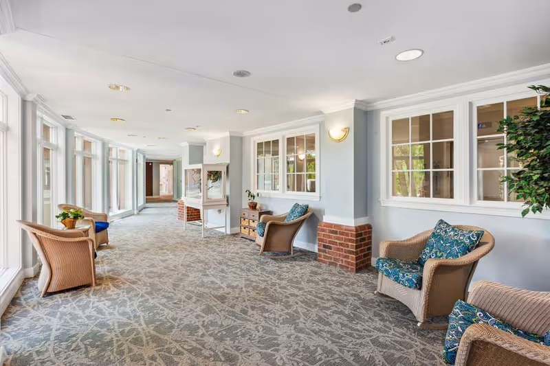 A bright and spacious hallway in a senior living facility with large windows on one side letting in natural light. The hallway is furnished with wicker chairs that have blue patterned cushions, small tables with plants, and a carpeted floor with a subtle pattern. The walls are painted light blue with white trim and brick accents near the base.