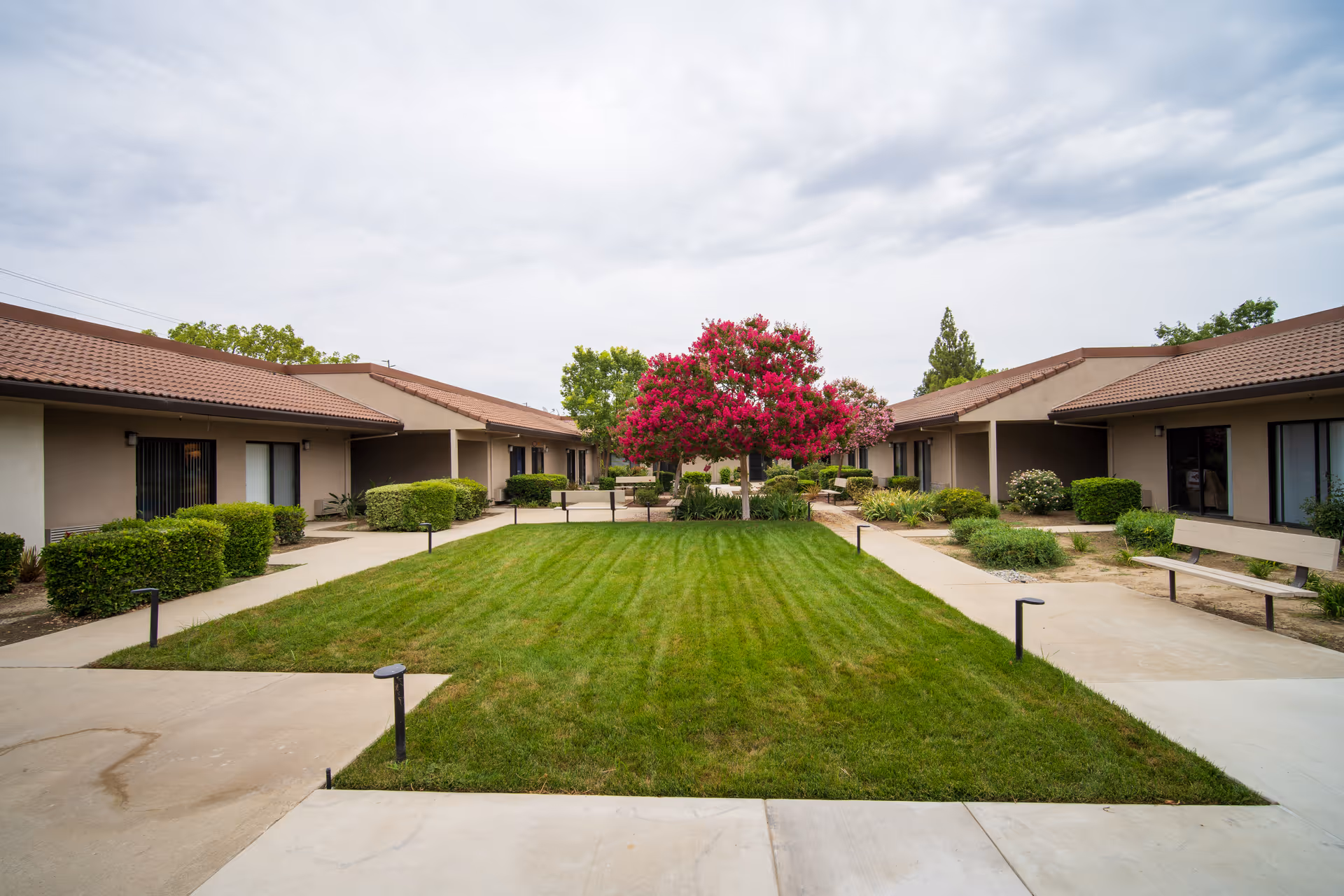 Well-maintained courtyard with a central lawn and a pink-flowered tree surrounded by single-story assisted living buildings and walkways.