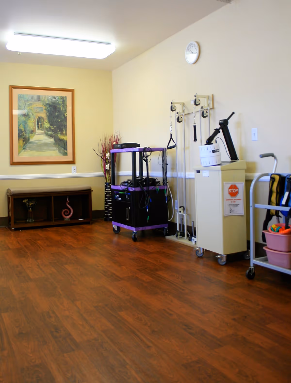 A room with wooden flooring and beige walls featuring medical or therapy equipment on wheels, a small wooden cabinet with decorative items, a framed painting of a garden path, a wall clock, and a cart with various supplies.