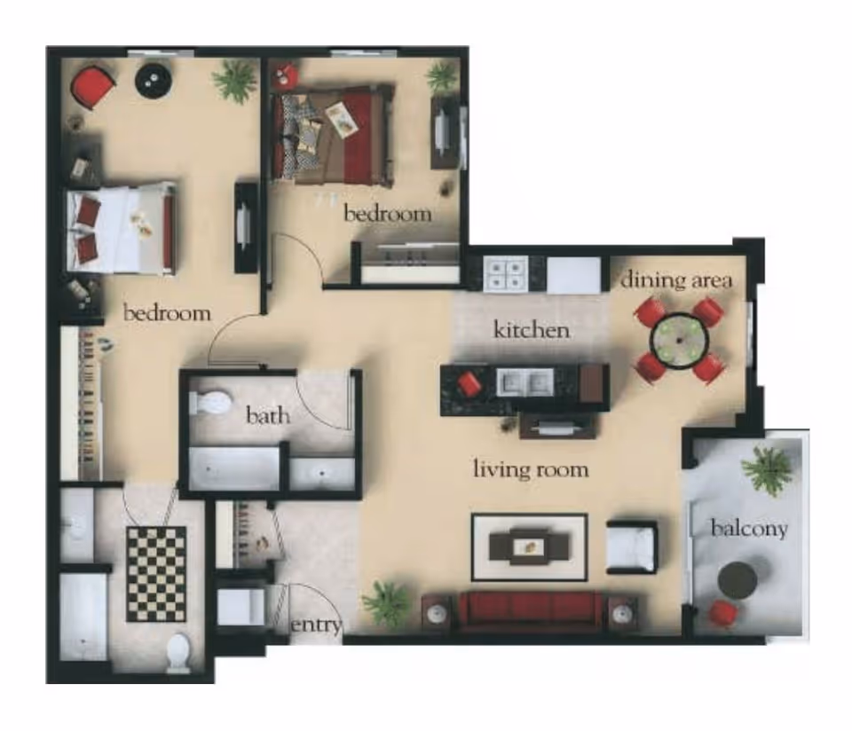 Floor plan of an apartment at Atria Tarzana showing two bedrooms, a bathroom, an entry area, a kitchen, a dining area, a living room, and a balcony.
