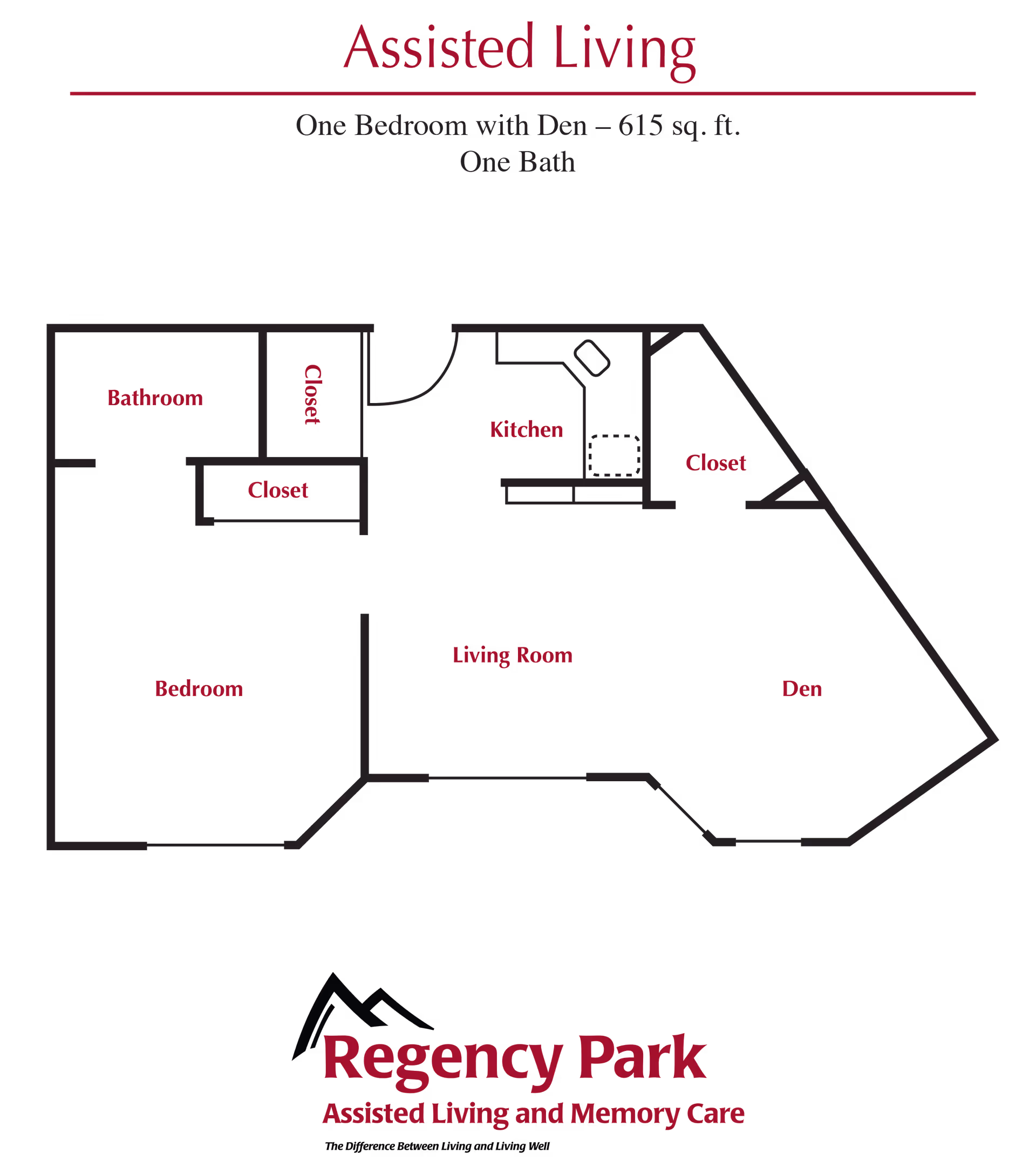 Black graphic floor plan labeled 'Assisted Living' showing a one-bedroom with den layout (bedroom, bathroom, kitchen, living room, den) with Regency Park branding at the bottom.