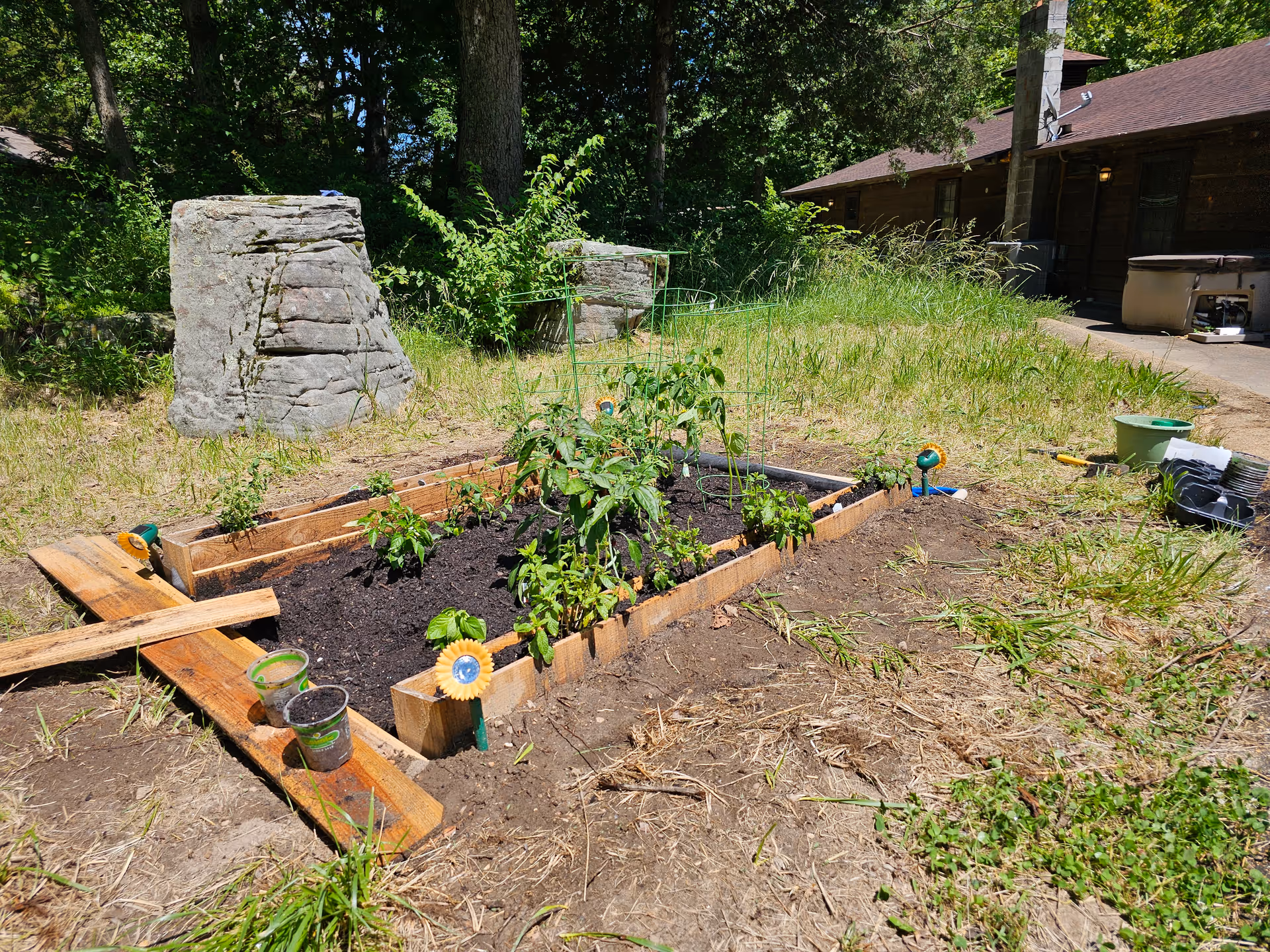 Raised wooden planter bed with seedlings and decorative stakes in a sunny grassy yard beside a rustic building.