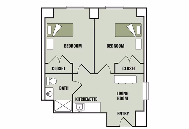 Floor plan of a living space at HeartFields at Cary showing two bedrooms each with a closet, a shared bathroom, a kitchenette, a living room, and an entry area.